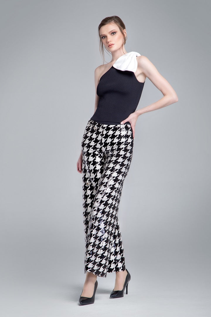 Sequined houndstooth wide-leg trousers – RUMOUR LONDON