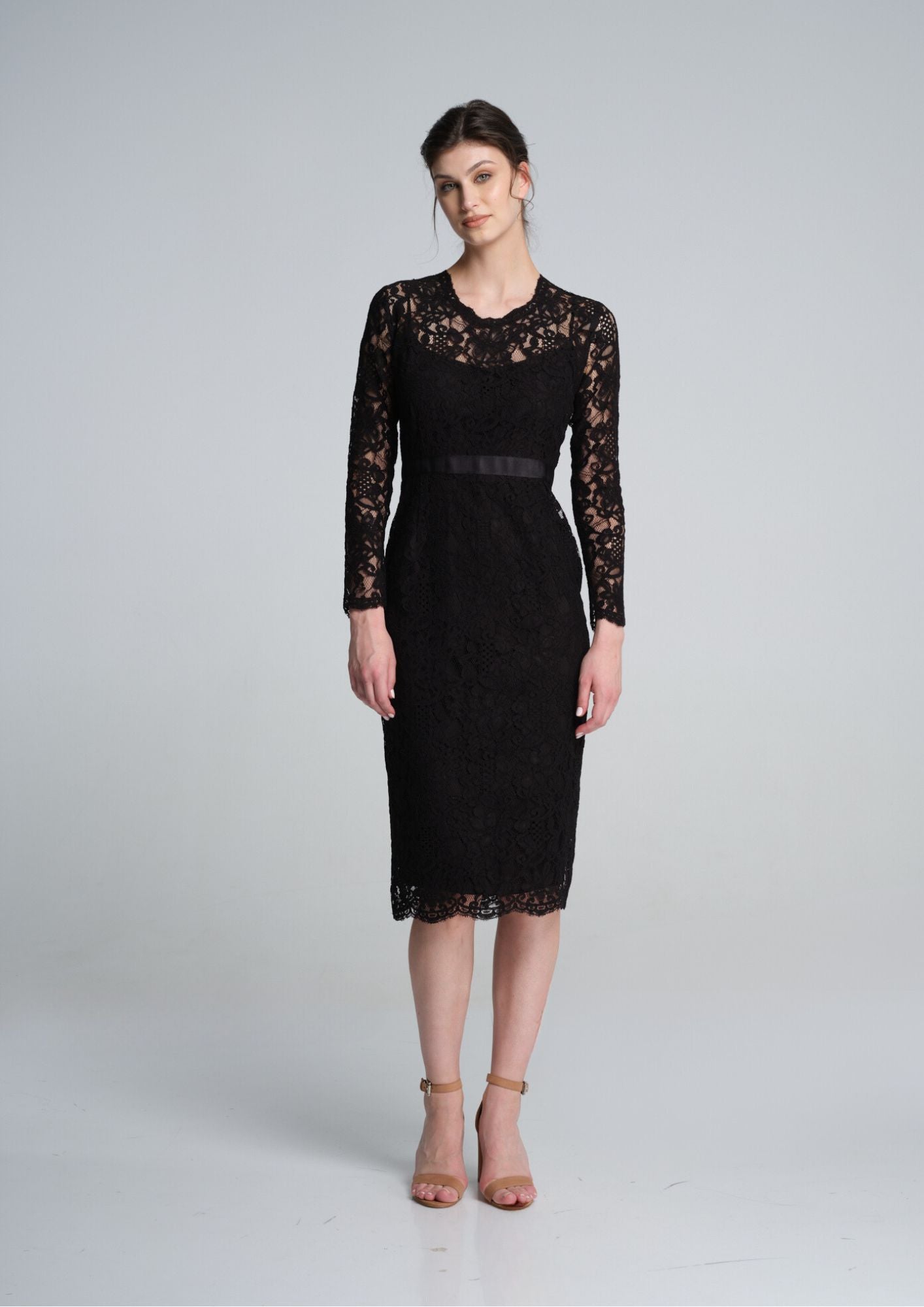 Long Sleeve Lace Pencil Dress in Black RUMOUR LONDON