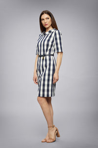 Navy Stretch-Cotton Gingham Dress With Raised Collar – RUMOUR LONDON