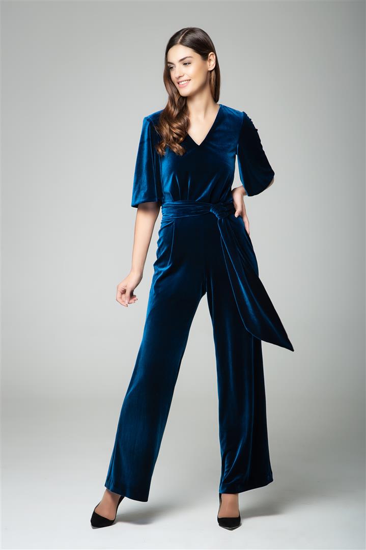 Velvet jumpsuit with bell sleeves and sash in royal blue – RUMOUR LONDON